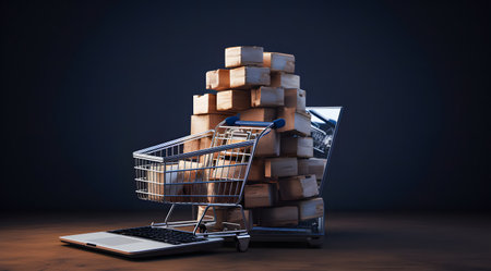Shopping cart full of boxes and tablet computer on dark background. Online shopping concept. 3D Renderingの素材