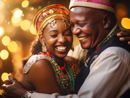 African American couple in traditional clothes on the background of bokeh.の素材
