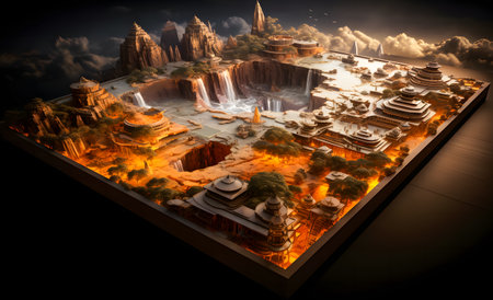 Story book of Mystical landscape with ancient temples and mountain. 3D renderingの素材