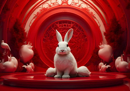 3d rendering of a white rabbit sitting in front of a red chinese doorの素材