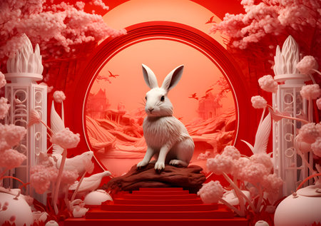 Rabbit on a red stairway in a fantasy landscape. 3d renderingの素材