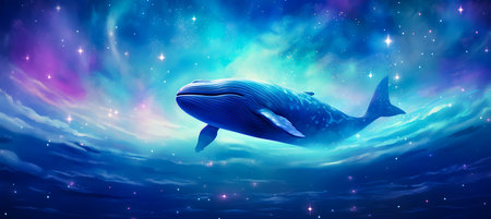 Humpback whale in deep space. Fantasy cosmic background. blue whale swimming in the night sky with clouds. Vector illustration.の素材