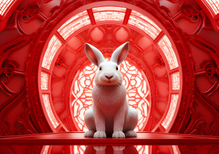 3d rendering of a white rabbit sitting in a red tunnel with a patternの素材