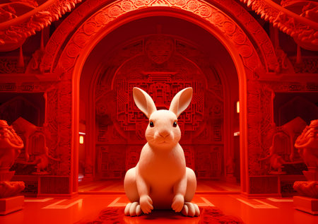 3D illustration of a white rabbit sitting on a red background.の素材