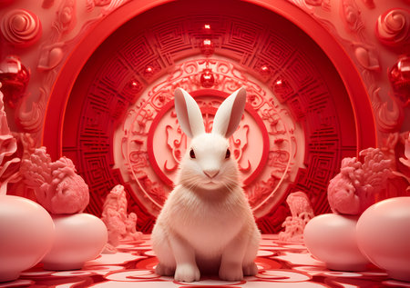 3D rendering of a white rabbit sitting in front of a red wall with Chinese lanternsの素材