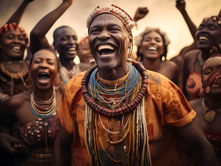 Portrait of a happy African woman with a group of men in the background.の素材