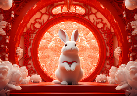 3d render of white rabbit on red stage in chinese templeの素材