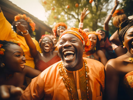 Group of african american people in traditional clothes having fun at the festival.の素材
