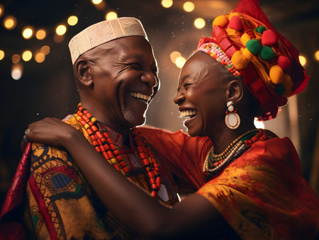 Portrait of a happy African-American couple in traditional clothes laughing.の素材