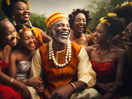 Group of happy african american women in traditional clothes having fun together.の素材