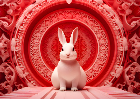 3d white rabbit sitting in front of a red background at chinese new year decoration.の素材