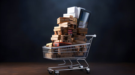Shopping cart full of boxes and tablet computer on dark background. Online shopping concept. 3D Renderingの素材