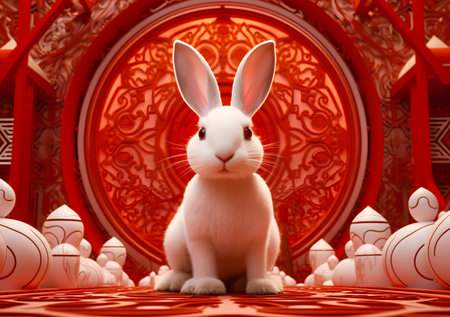 3d white rabbit sitting in front of a red background at chinese new year decoration.の素材
