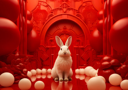 3d white rabbit sitting in front of a red background at chinese new year decoration.の素材