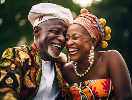Portrait of a happy African couple in traditional clothes smiling and laughing outdoors.の素材