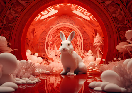 3d white rabbit sitting in front of a red background at chinese new year decoration.の素材