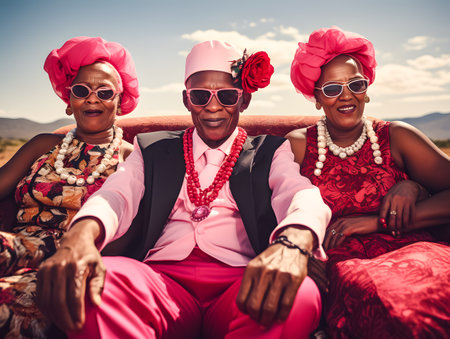 group of happy african american women in traditional clothes sitting in cabrioletの素材