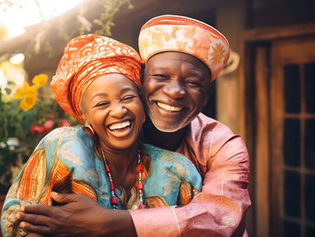 Portrait of a happy african couple in traditional clothes smiling at cameraの素材