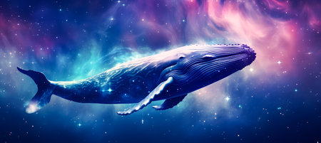 Humpback whale in deep space. Fantasy cosmic background. blue whale swimming in the night sky with clouds. Vector illustration.の素材