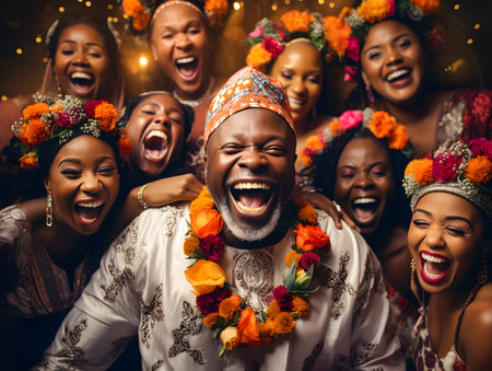 Group of happy african american friends in traditional clothes having fun together.の素材