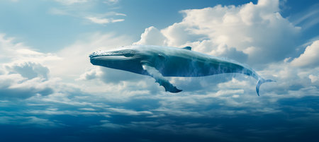 Humpback whale floating in the blue sky with clouds. Fantasy background. 3d renderingの素材