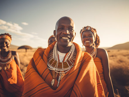 Portrait of happy African man and woman in traditional clothing at sunsetの素材