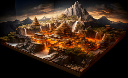 Story book of Mystical landscape with ancient temples and mountain. 3D renderingの素材