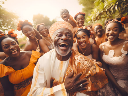 Group of african american friends in traditional clothes having fun together.の素材