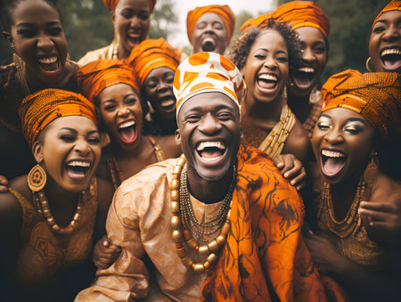 Group of african american women in traditional clothes laughing together.の素材
