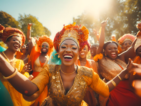 Group of happy african women in traditional clothes dancing in the park.の素材