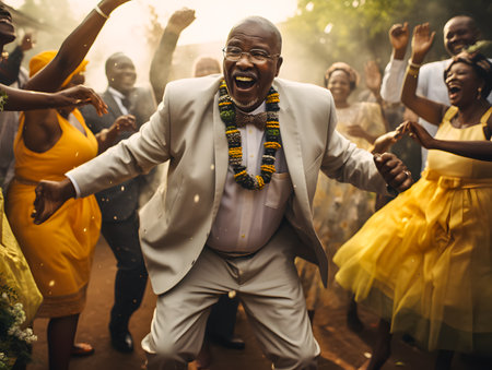 African american man dancing in the crowd at a wedding party.の素材