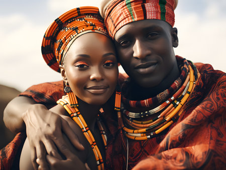 Portrait of a beautiful young African couple in traditional clothes smiling.の素材