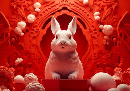 3d white rabbit sitting in front of a red background at chinese new year decoration.の素材