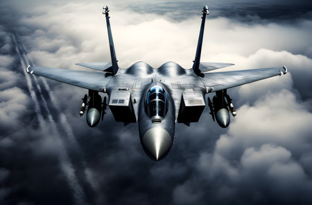 Military Fighter Jet flight in the Cloudy Sky background. Military Wallpaperの素材