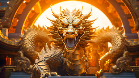 Close up of golden dragon statue in a temple, Chinese Dragon Backgroundの素材