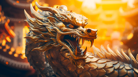 Close up of golden dragon statue in a temple, Chinese Dragon Backgroundの素材