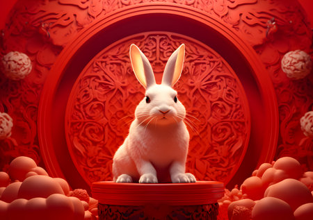 3d white rabbit sitting in front of a red background at chinese new year decoration.の素材