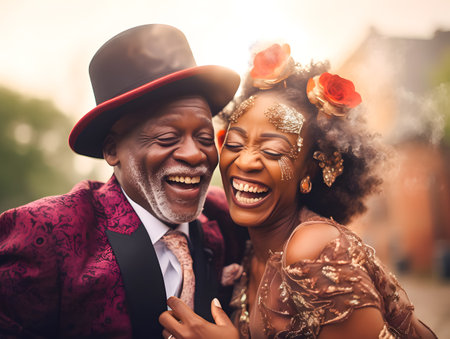 Portrait of a happy African-American couple dancing on the street.の素材