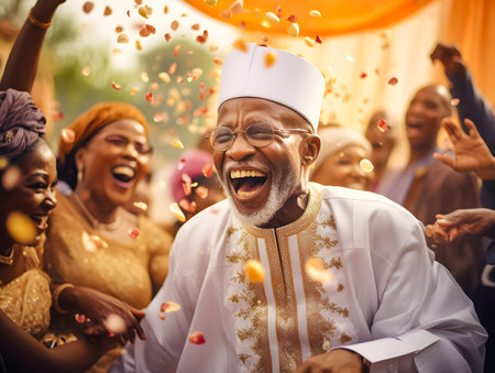 Handsome african muslim man in traditional clothing having fun during celebration of holi festivalの素材