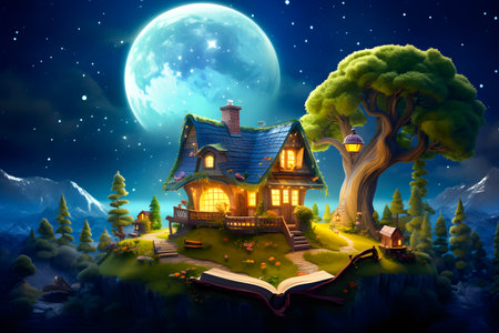Fantasy landscape with a magical house in the woods and a full moonの素材