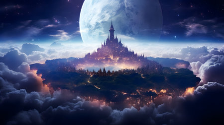 Surreal fantasy landscape with ancient pagoda and moon. 3d renderingの素材