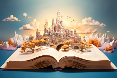 Magic book with fairy tale castle in the sky. 3D renderingの素材