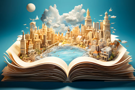 Open book with fantasy cityscape on the pages. 3D renderingの素材