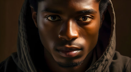 Close-up portrait of a young african american man in hoodie.の素材