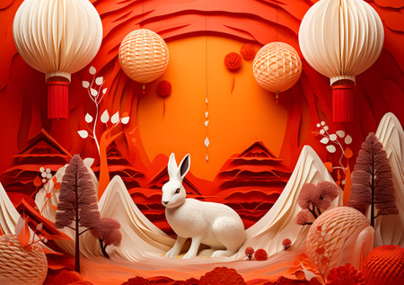 3d rendering of paper art landscape with white rabbit and red backgroundの素材