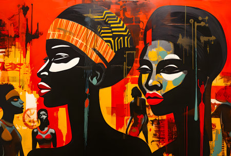 Portraits of african american women on abstract colorful background.の素材