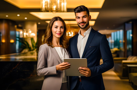 Portrait of a young business couple using digital tablet in hotel lobbyの素材