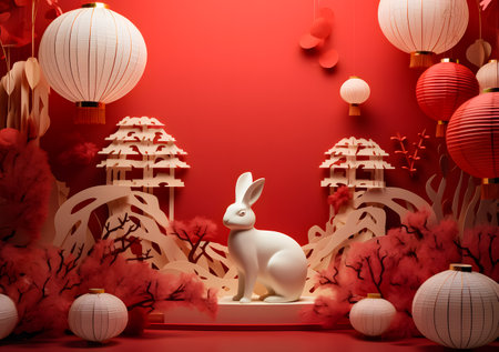 3d rendering of white rabbit on red background with chinese lanternsの素材