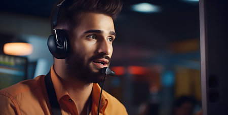 Portrait of a handsome young man wearing headphones and smiling while working in a call centerの素材