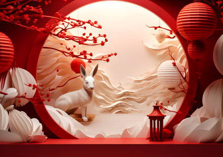 3d chinese new year decoration background, red lanterns and white rabbit, paper cut backgroundの素材